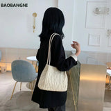 Wool Knitted Women's Shoulder Bag Woven Striped Handbag Buckle Bucket Tote Bags