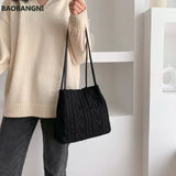 Wool Knitted Women's Shoulder Bag Woven Striped Handbag Buckle Bucket Tote Bags
