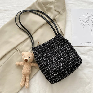 Wool Woven Bucket Handbag Women Sequined Bling Bling Shoulder Bags