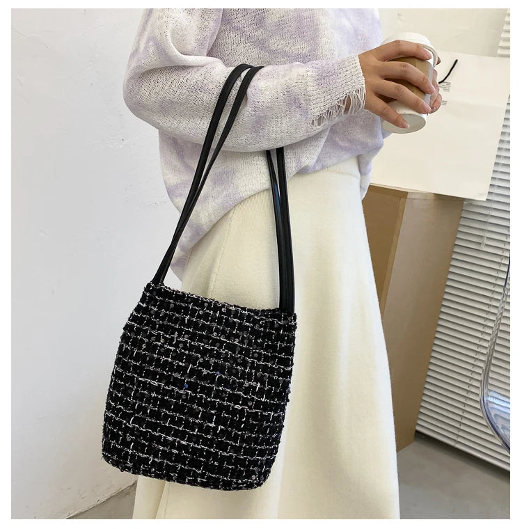 Wool Woven Bucket Handbag Women Sequined Bling Bling Shoulder Bags