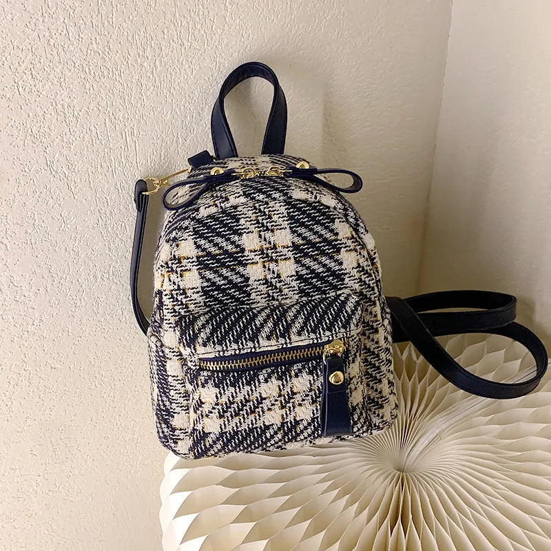 Wool Plaid Women Backpack Small Multifunction Shoulder Bags Lady Back Pack