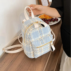Wool Plaid Women Backpack Small Multifunction Shoulder Bags Lady Back Pack