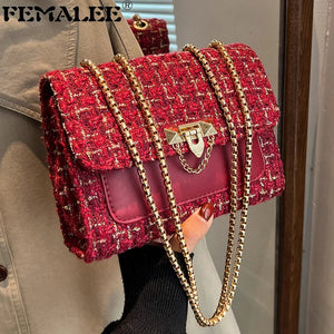 Woolen Crossbody Bags Rivet Lock Shoulder Bags For Women Small Square Handbag
