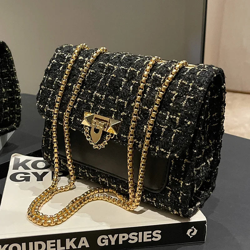 Woolen Crossbody Bags Rivet Lock Shoulder Bags For Women Small Square Handbag