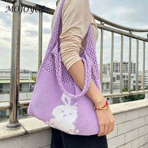 Woven Beach Travel Handbag Large Capacity Cartoon Rabbit Grocery Bag