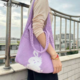 Woven Beach Travel Handbag Large Capacity Cartoon Rabbit Grocery Bag