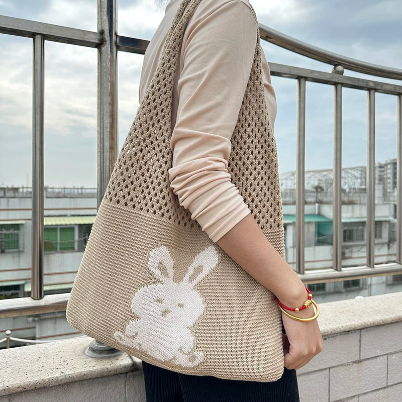 Woven Beach Travel Handbag Large Capacity Cartoon Rabbit Grocery Bag