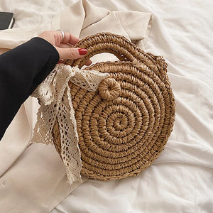 Straw Round Crossbody Bag for Women Woven Bow Decors Summer Beach Purse