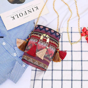 Ethnic Style Woven Bucket Shoulder Bag with Tassel Chain