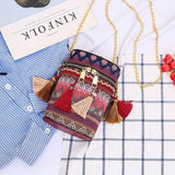 Ethnic Style Woven Bucket Shoulder Bag with Tassel Chain