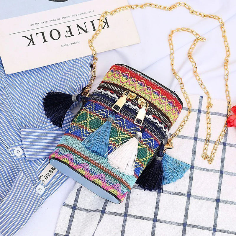 Ethnic Style Bucket Shoulder Bag Tassel Chain Handbags
