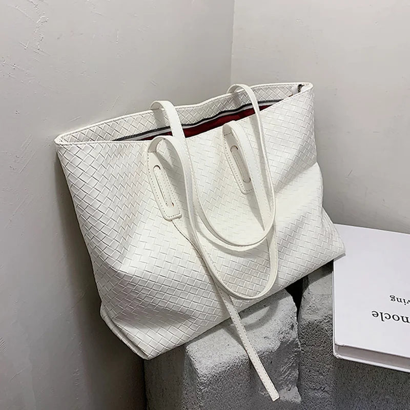 Large Capacity Woven Lattice Women's Shoulder Bag Tote Handbag