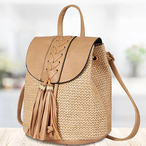 Straw Women Shoulder Backpack Bag Schoolbag Handbags for Outdoor Travel