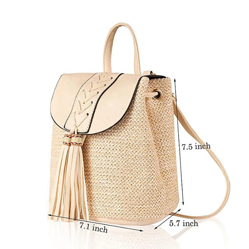Straw Women Shoulder Backpack Bag Schoolbag Handbags for Outdoor Travel