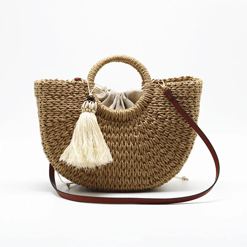Bohemian Woven Straw Shoulder Bag Tassel Beach Crossbody Bag