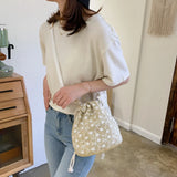 Rattan Shoulder Bag Lace Beach Straw Bucket Bag Retro Woven Bag
