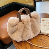Women's Faux Fur Tote Bag with Woven Handle - Winter Shoulder Side Bag