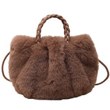 Women's Faux Fur Tote Bag with Woven Handle - Winter Shoulder Side Bag