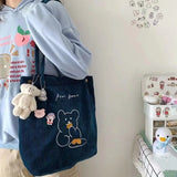 XSLING Embroidery Bear Shoulder Bag Japanese Corduroy Cross Body