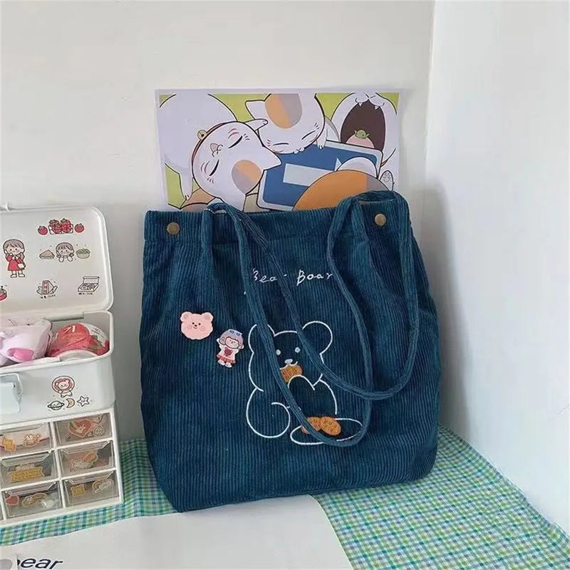 XSLING Embroidery Bear Shoulder Bag Japanese Corduroy Cross Body