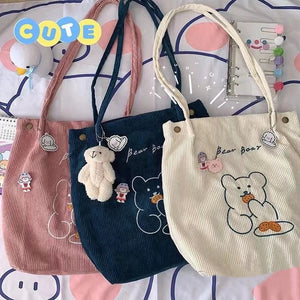 XSLING Embroidery Bear Shoulder Bag Japanese Corduroy Cross Body