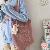 XSLING Embroidery Bear Shoulder Bag Japanese Corduroy Cross Body