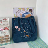 XSLING Embroidery Bear Shoulder Bag Japanese Corduroy Cross Body