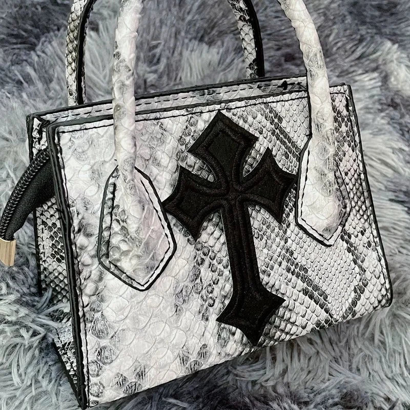 Xiuya Gothic Snake Pattern Chain Shoulder Bag Y2k Vintage PU Leather Handbag