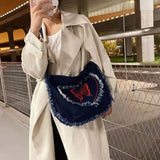 Xiuya Harajuku Denim Shoulder Bag Frayed Embroidered Cross