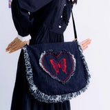 Xiuya Harajuku Denim Shoulder Bag Frayed Embroidered Cross
