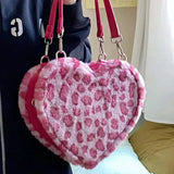 Xiuya Gothic Lolita Shoulder Bag Pink Leopard Rabbit Fur Chain Handbags