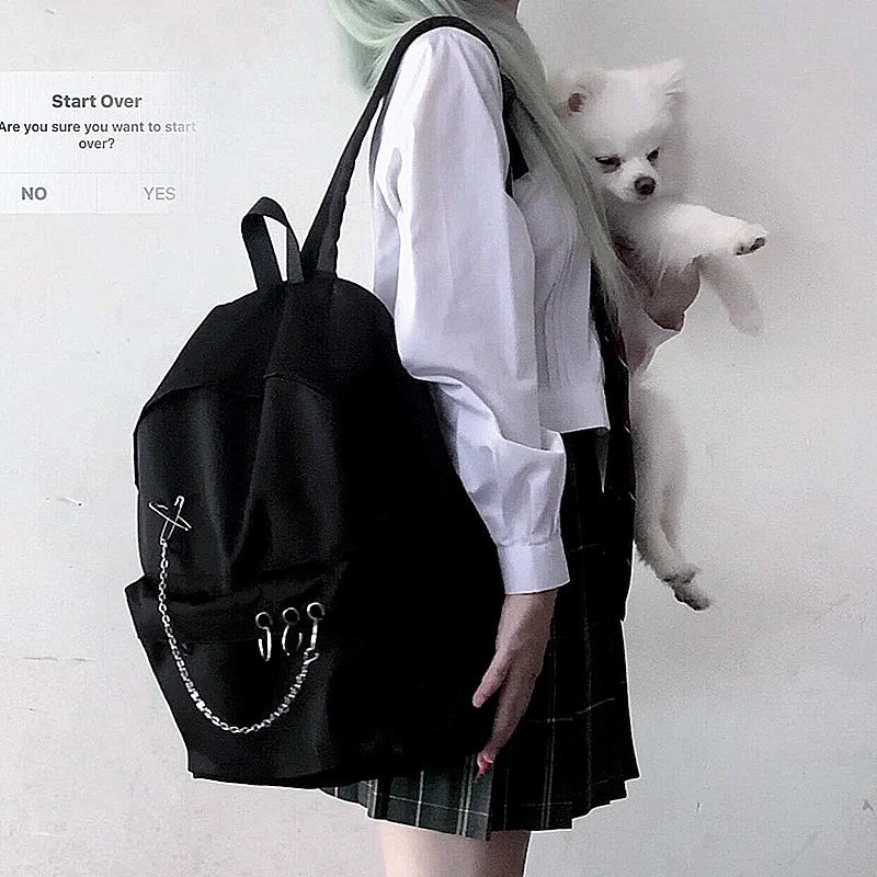 Harajuku Punk Canvas Women Backpack Preppy Style Hollow Out Chains Bag
