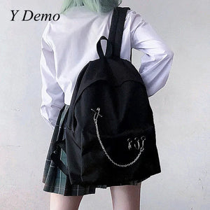 Harajuku Punk Canvas Women Backpack Preppy Style Hollow Out Chains Bag