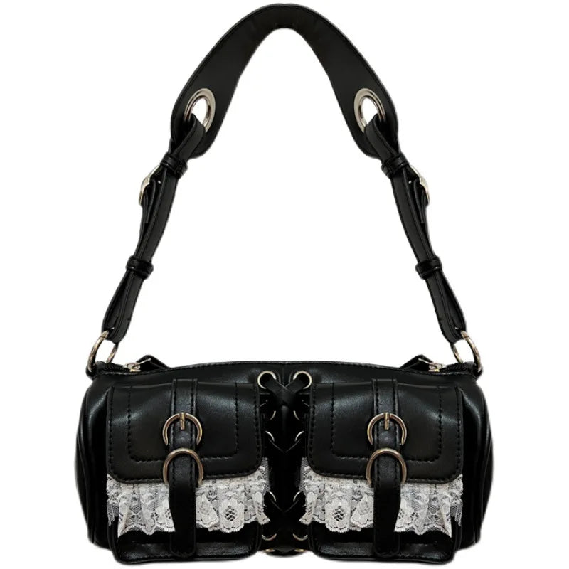 Y2K Heart Metal Chain Rivets Gothic Punk Motobike Witch Lace Bag
