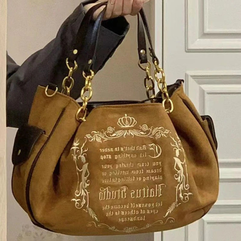 Y2K Pink Gothic Tote Bag Embroidery Retro Grunge Chain Shoulder Bags