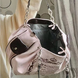 Y2K Pink Gothic Tote Bag Embroidery Retro Grunge Chain Shoulder Bags