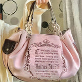 Y2K Pink Gothic Tote Bag Embroidery Retro Grunge Chain Shoulder Bags