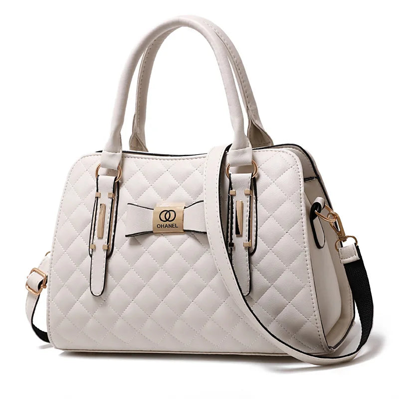 Diamond Lattice Leather Tote Bag with Bow-Knot