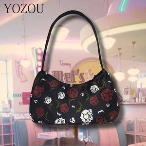 American Vintage Gothic Rose Skeleton Nylon Shoulder Bag