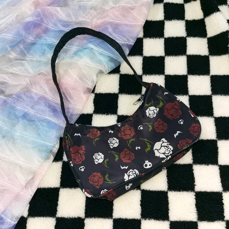 American Vintage Gothic Rose Skeleton Nylon Shoulder Bag
