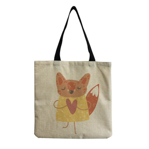 Fox Printed Linen Fabric Shoulder Bag For Women Girl Tote Handbag