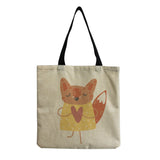 Fox Printed Linen Fabric Shoulder Bag For Women Girl Tote Handbag