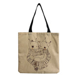 Fox Printed Linen Fabric Shoulder Bag For Women Girl Tote Handbag