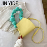 Yellow Leather Crossbody Bag Beaded Mini Shoulder Clutch