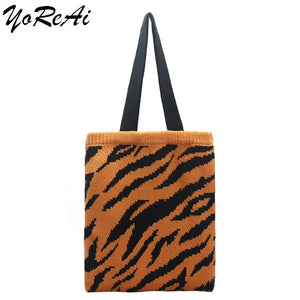 Leopard Knitting Shoulder Bag Foldable Tote Pack