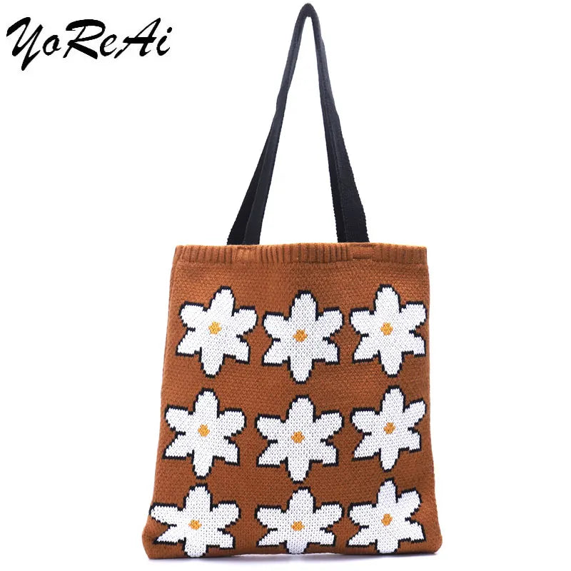 Women Knitting Shoulder Bag Reusable Shopping Tote Handbag