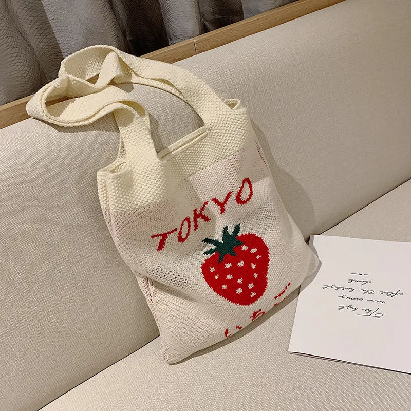 Strawberry Knitting Beach Bag Casual Handbag For Women