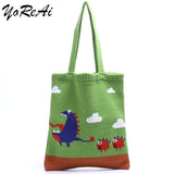 Japanese Womens Knitting Shoulder Bags Dinosaur Cartoon Shopping Bag