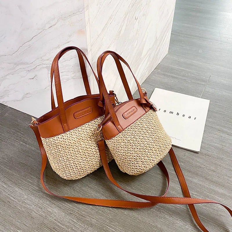 Vintage Straw Beach Bag for Women Shoulder Handbag with Patchwork Design