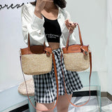 Vintage Straw Beach Bag for Women Shoulder Handbag with Patchwork Design